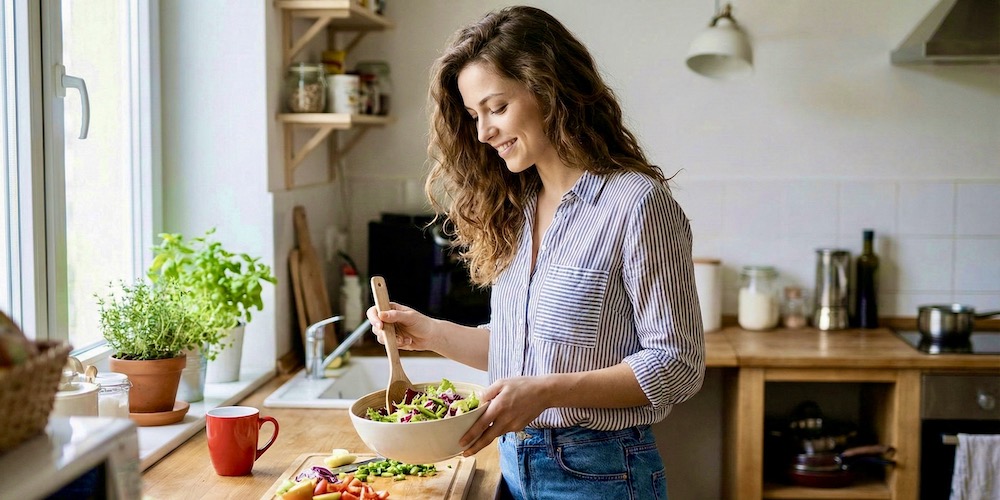 Kobieta przygotowująca zdrowy posiłek w jasnej kuchni - jak schudnąć trwale i bez diet